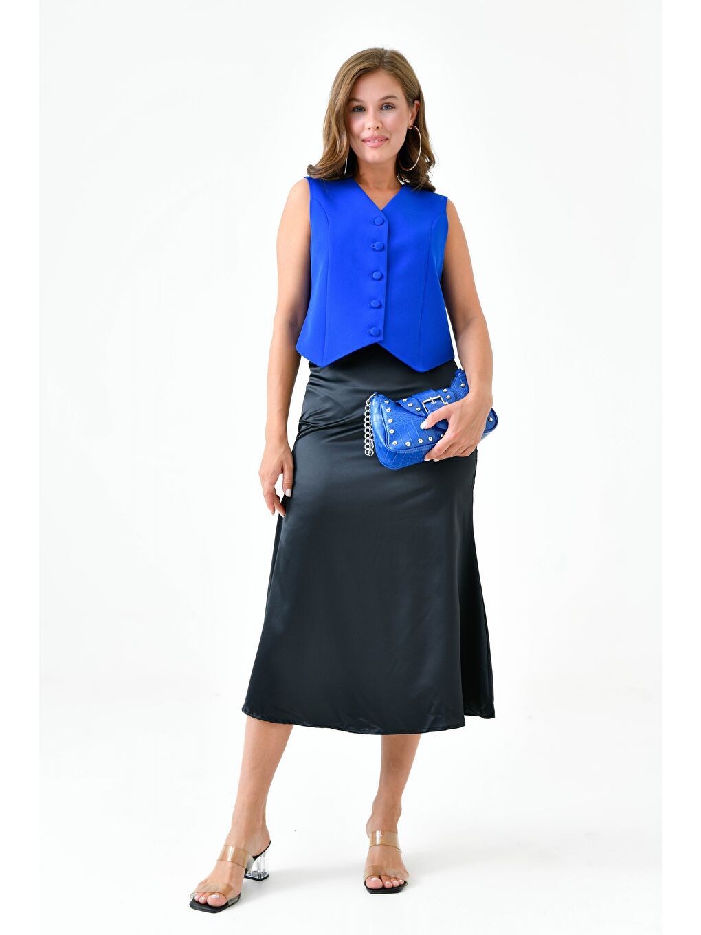 Saks Mavi Fitted Düğmeli Dokuma Yelek-1