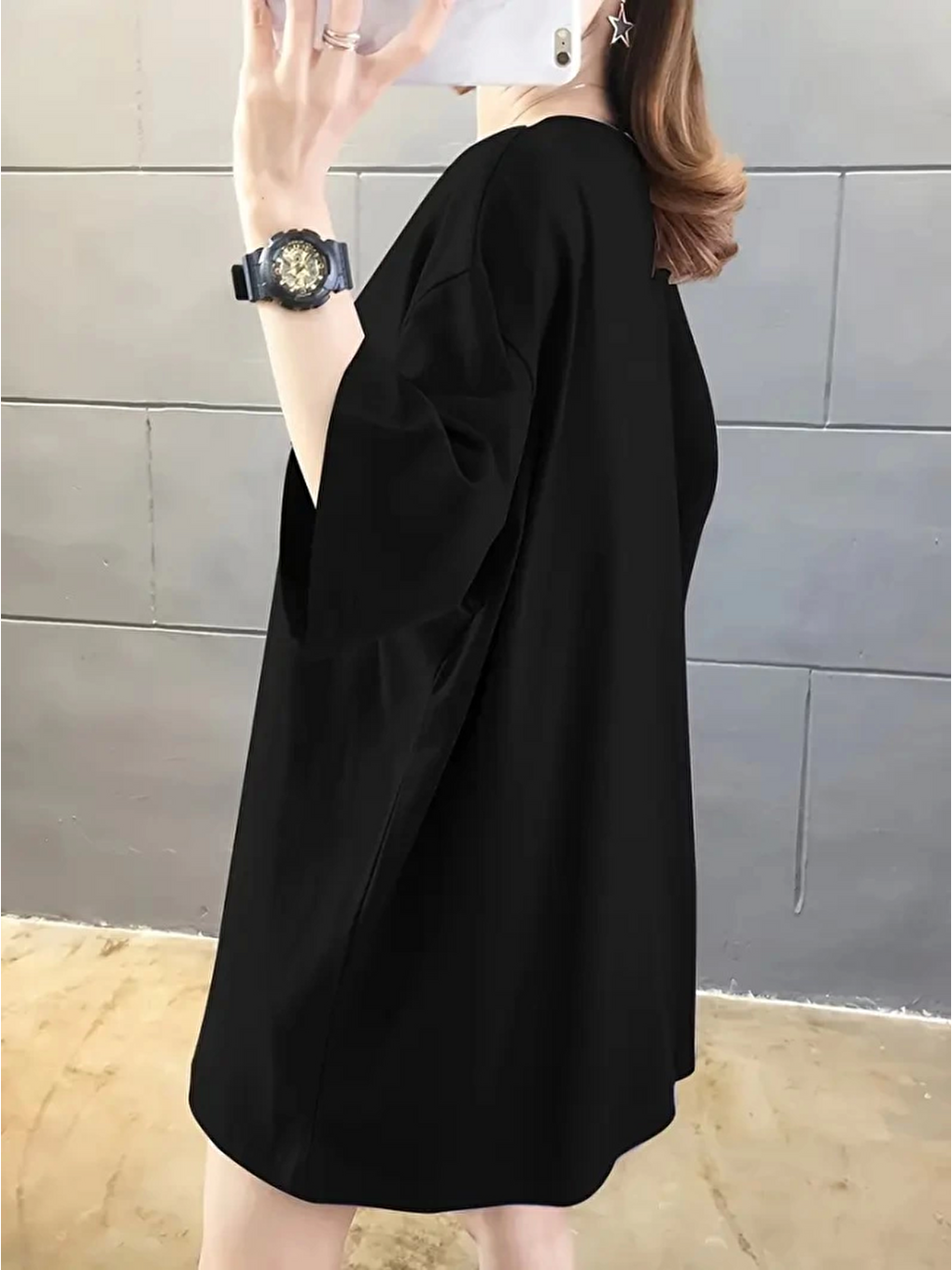 Baskılı Oversize Bisiklet Yaka T-shirt - Siyah-3