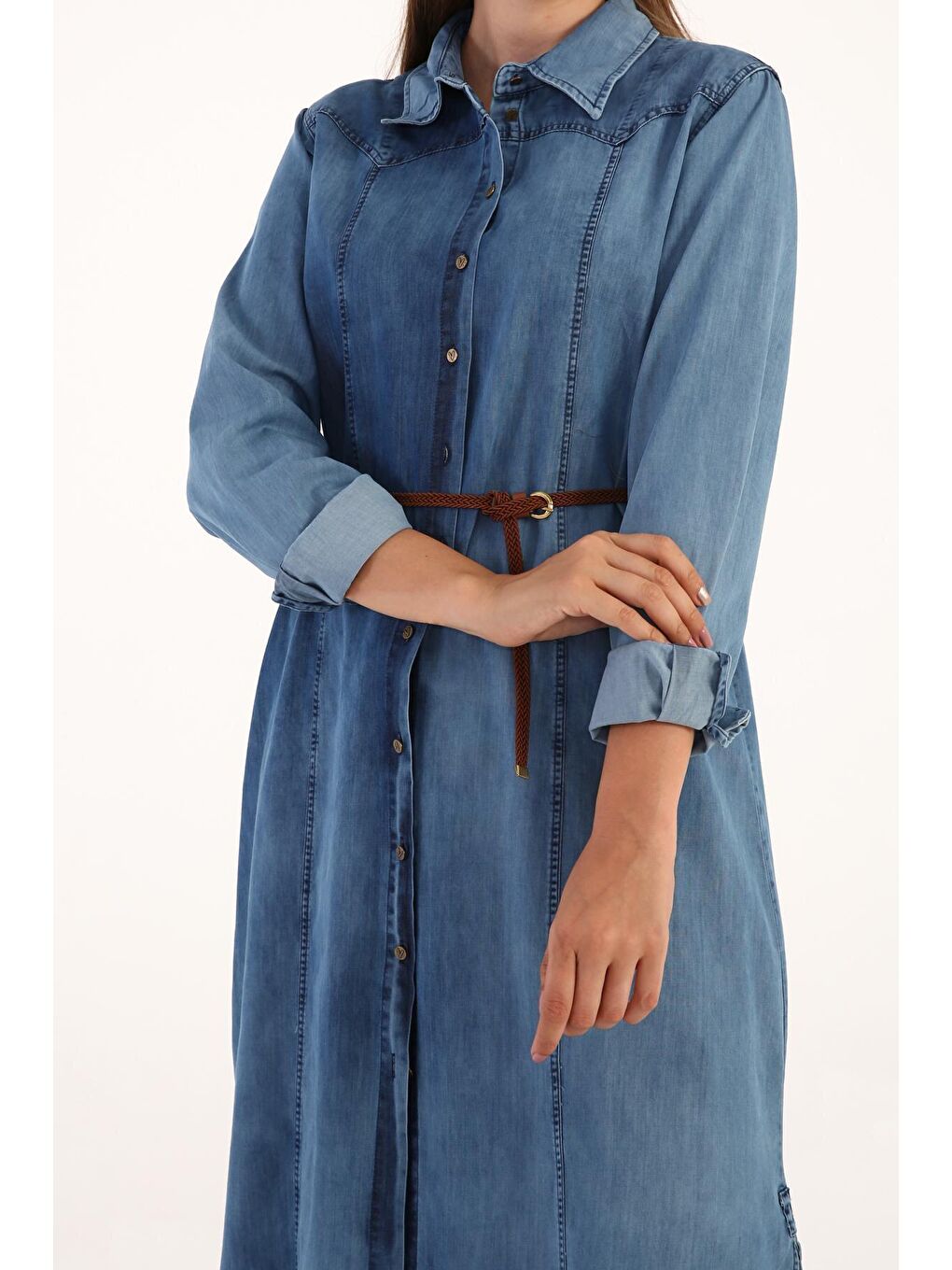 Açık Mavi Parçalı Denim Gömlek Tunik