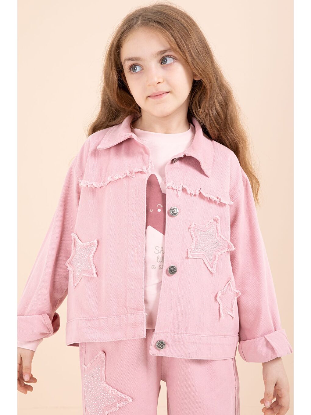 Pembe Taşlı Yıldız Nakışlı Jean Ceketli 3lü Pantolonlu Kız Takım 23435-4