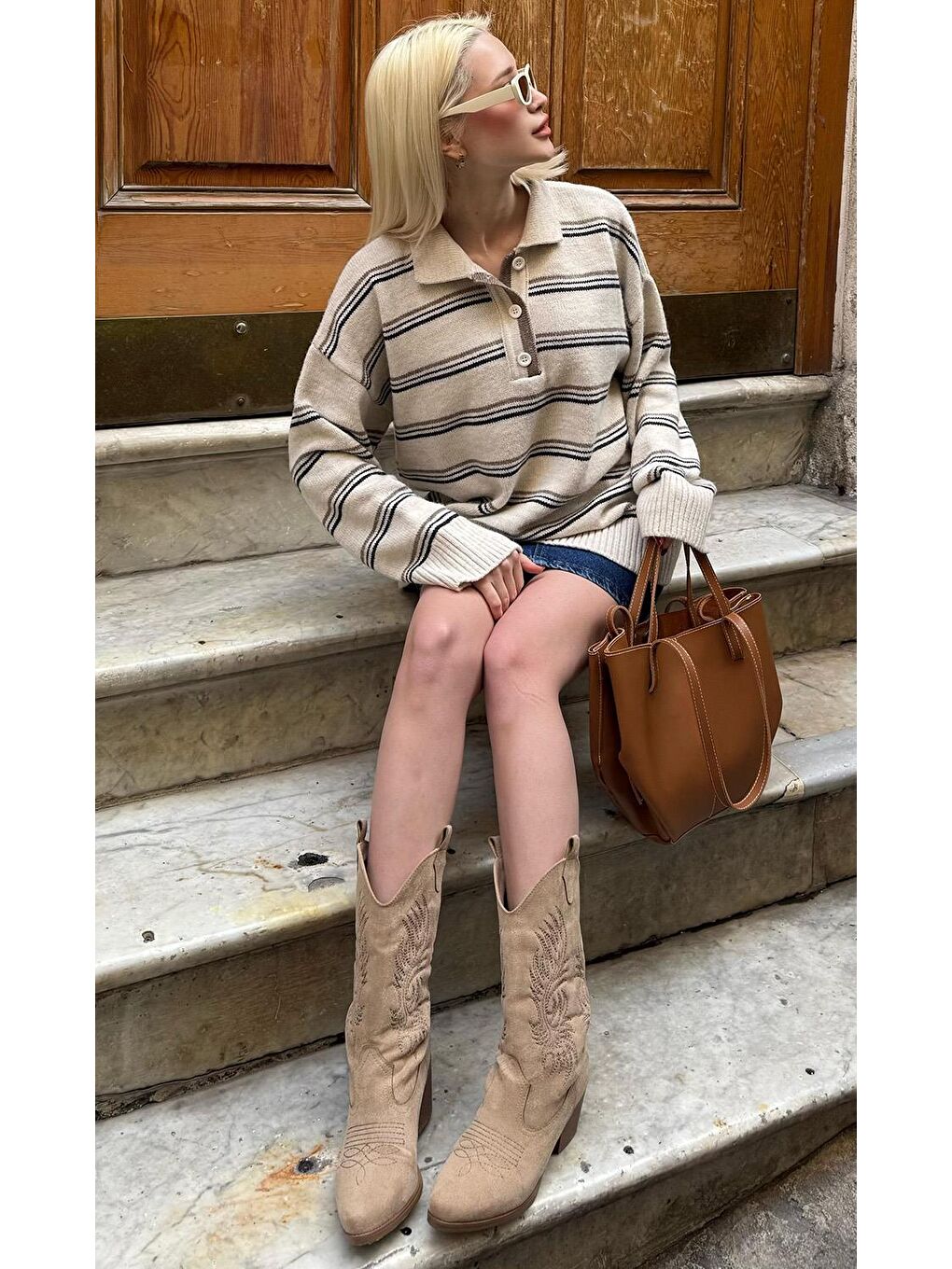 Ekru Çizgili Düğmeli Polo Yaka Kazak Mg2357-1