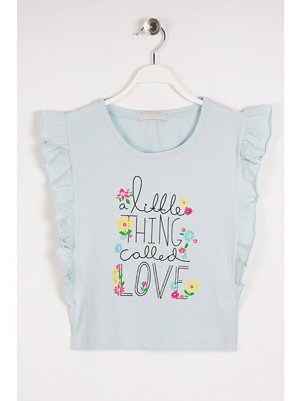 Yeşil Bisiklet Yaka Kısa Kol Yazı Baskılı Yanları Fırfırlı Mint Renk Kız Çocuk Tshirt