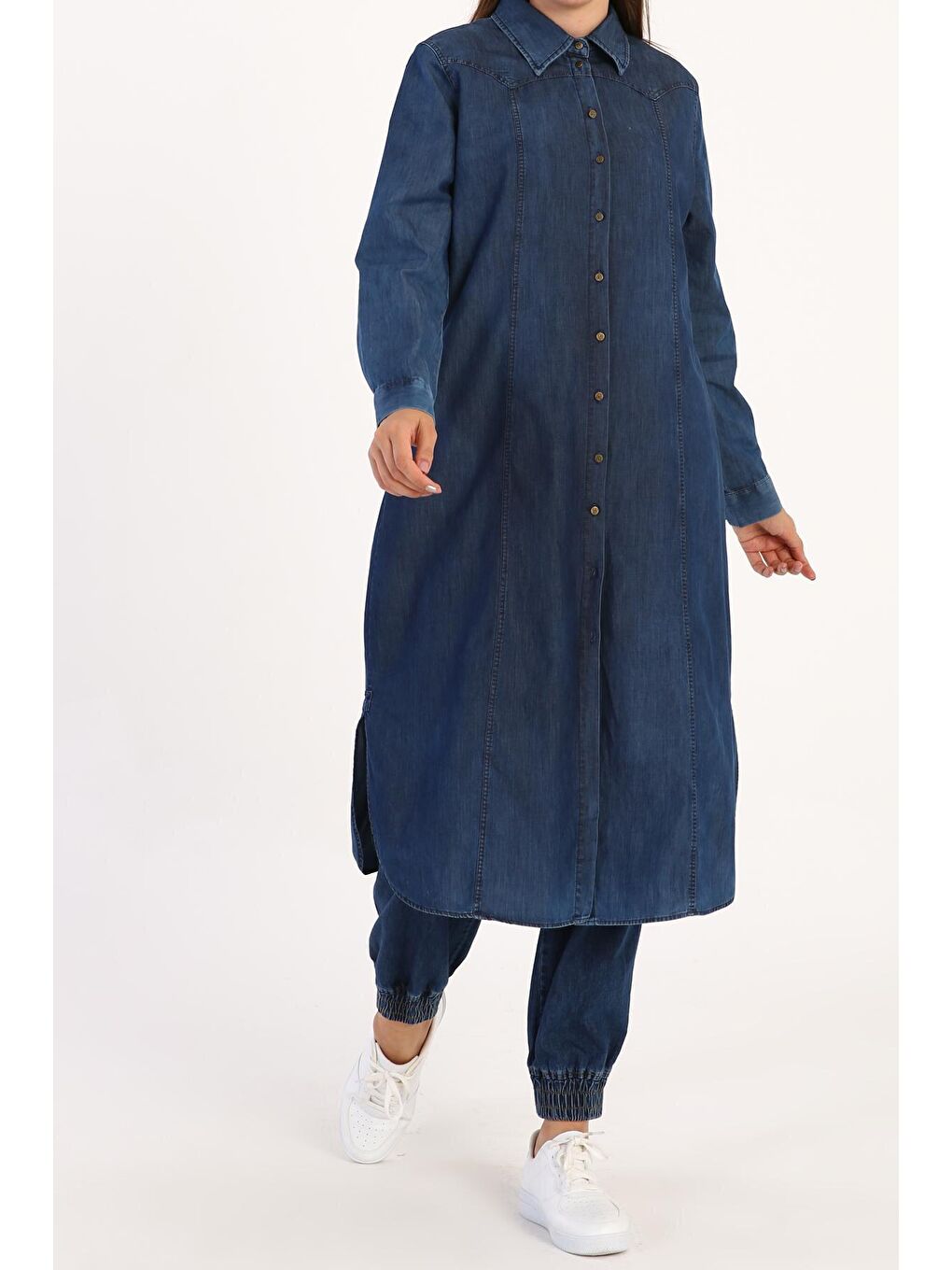 Orta Mavi Parçalı Denim Gömlek Tunik-1