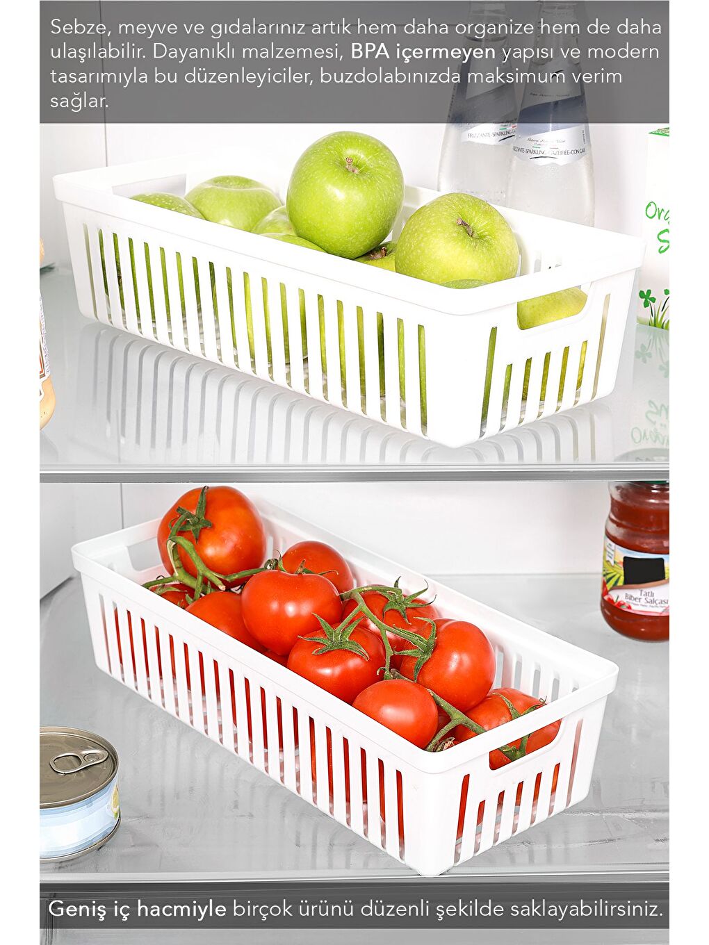 3 Adet Buzdolabı Düzenleyici Sepet Dolap İçi Meyve Sebze Düzenleyici Organizer Saklama Kabı Beyaz-3