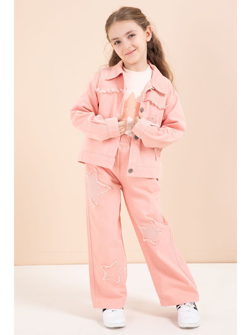 Pembe Somon Taşlı Yıldız Nakışlı Jean Ceketli 3lü Pantolonlu Kız Takım 23437
