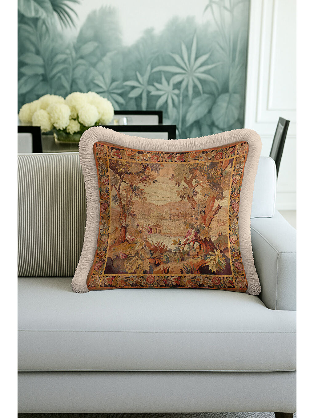 Karışık Klasik Fransız Goblen Manzara Saçaklı Yastık Kılıfı - Vintage Rustik Bej Püsküllü Kırlent Kılıfı