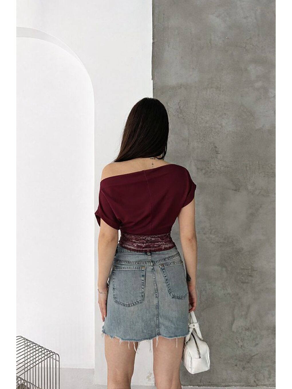 Bordo Tek Omuz Drapeli Dantel Detaylı Kadın Bluz-1