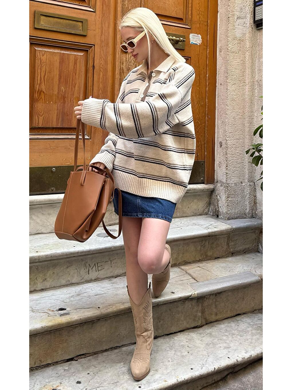 Ekru Çizgili Düğmeli Polo Yaka Kazak Mg2357-3