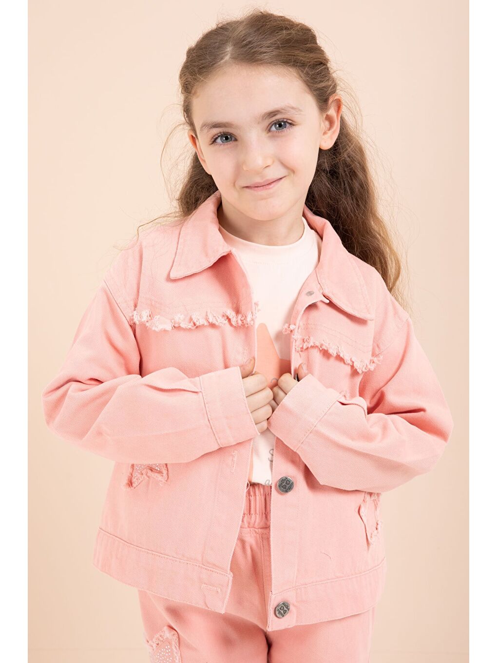 Pembe Somon Taşlı Yıldız Nakışlı Jean Ceketli 3lü Pantolonlu Kız Takım 23437-1