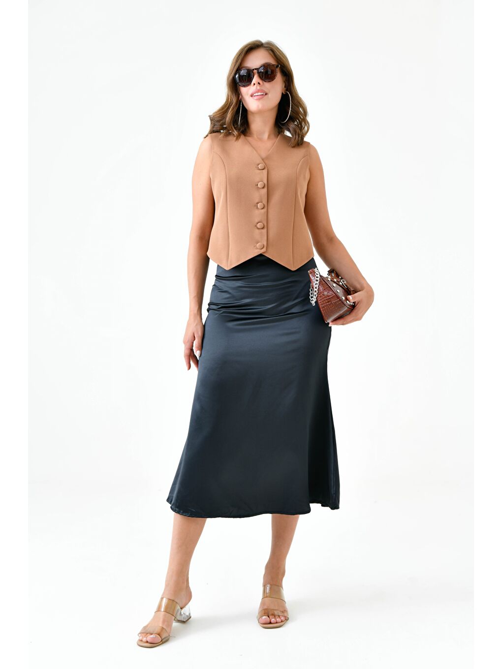 Kahverengi Kamel Fitted Düğmeli Dokuma Yelek-1