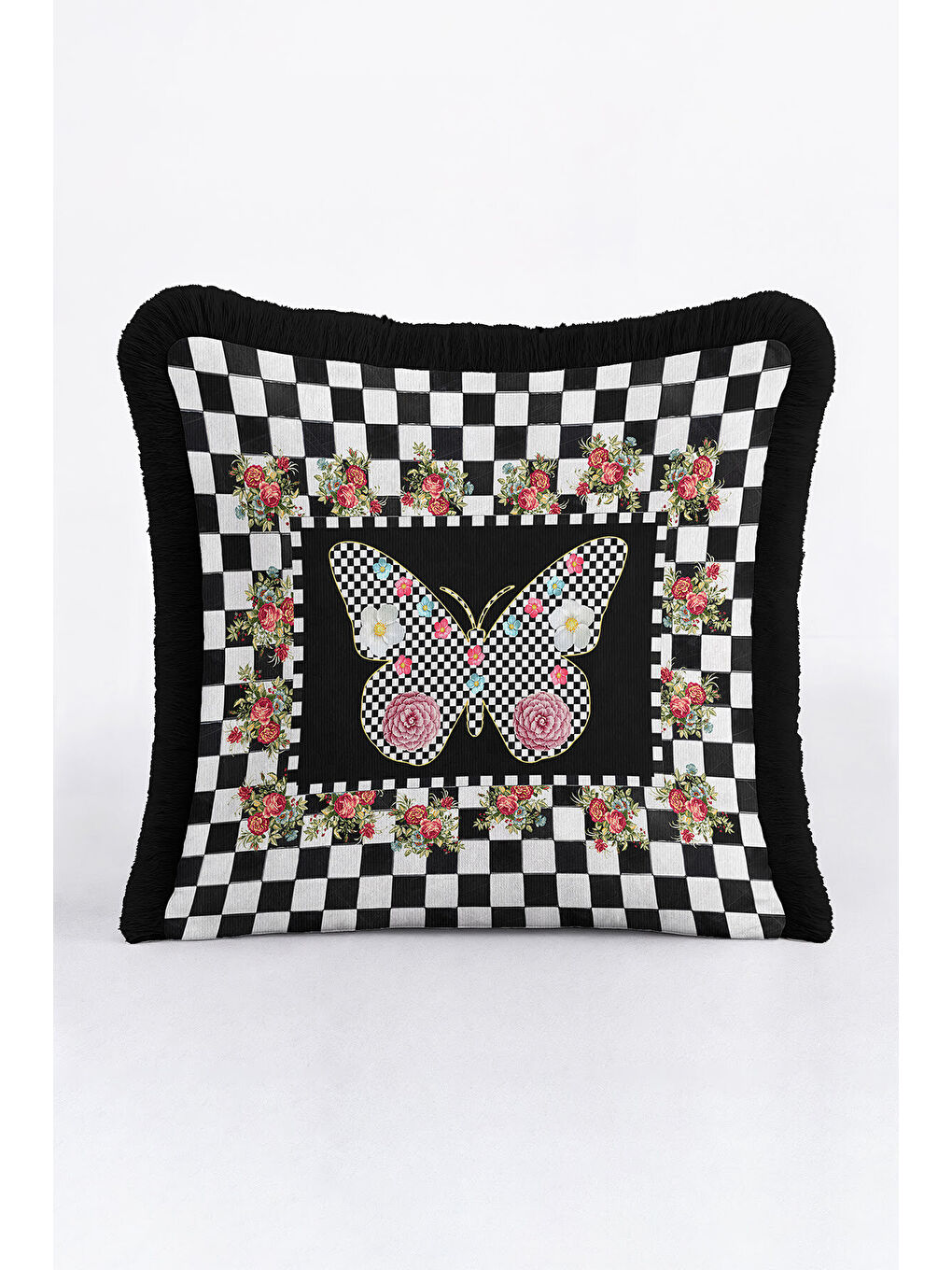 Karışık Zarif Ekose Kelebek Saçaklı Yastık Kılıfı-Gül Motifli Bohem Siyah Püsküllü Kırlent Kılıfı