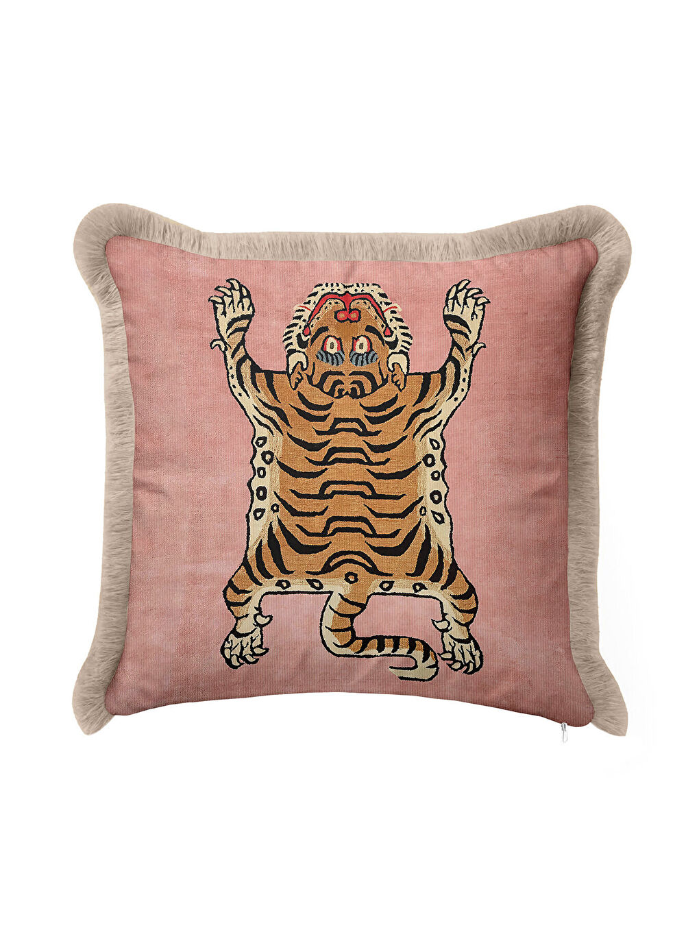 Karışık Lüks Kaplan Figürlü Saçaklı Yastık Kılıfı - Asya Esintili Bohem Pudra Gold Püsküllü Kırlent Kılıfı