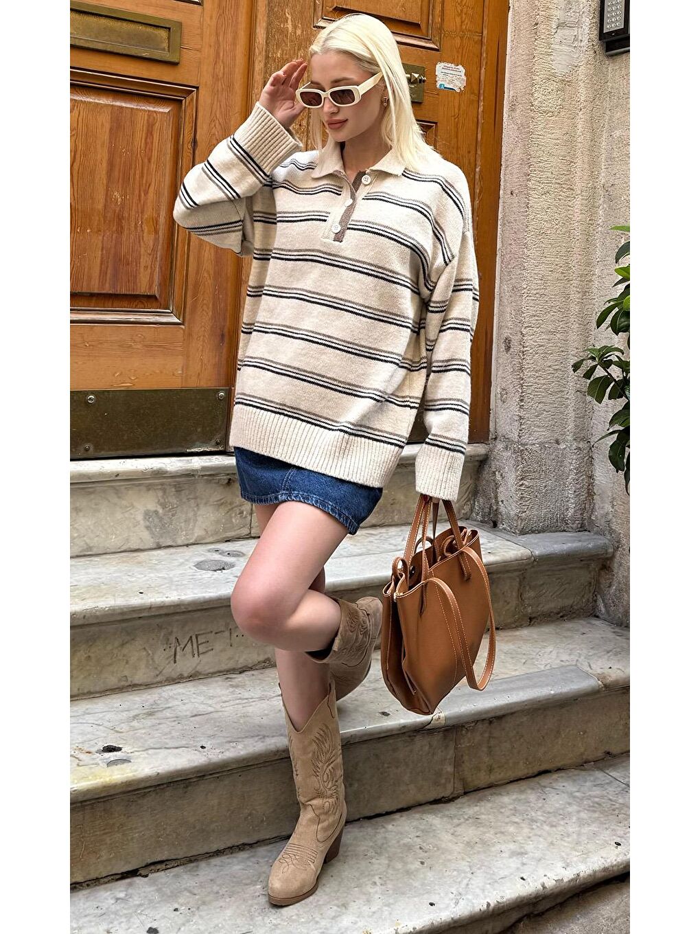 Ekru Çizgili Düğmeli Polo Yaka Kazak Mg2357-4