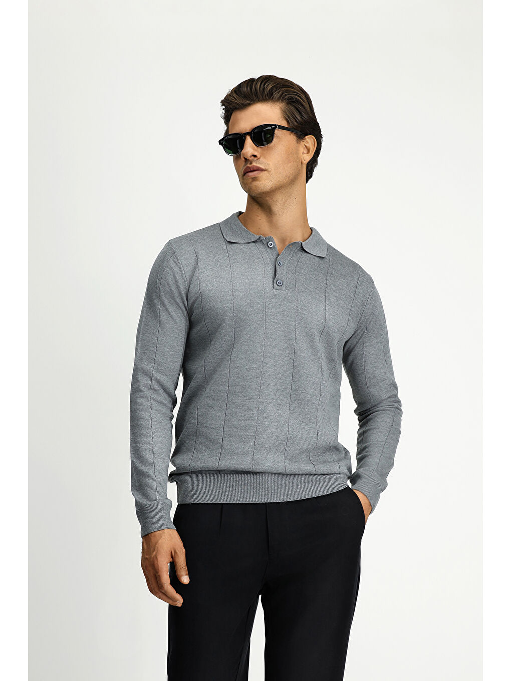 Gri Polo Yaka Regular Fit Desenli Triko Büyük Beden Kazak-2