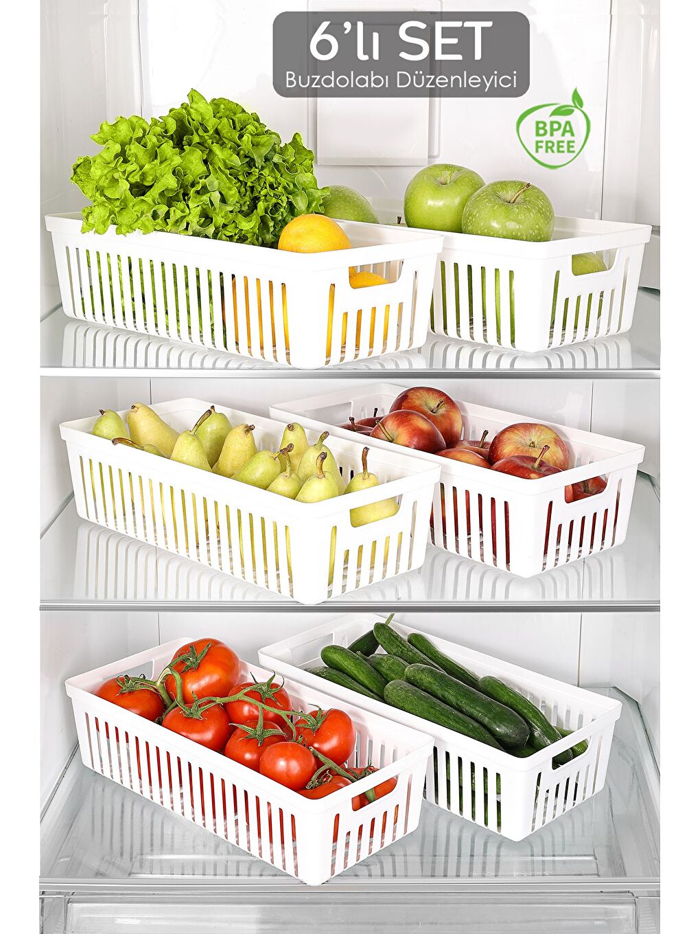 6 Adet Buzdolabı Düzenleyici Sepet Dolap İçi Meyve Sebze Düzenleyici Organizer Saklama Kabı Beyaz