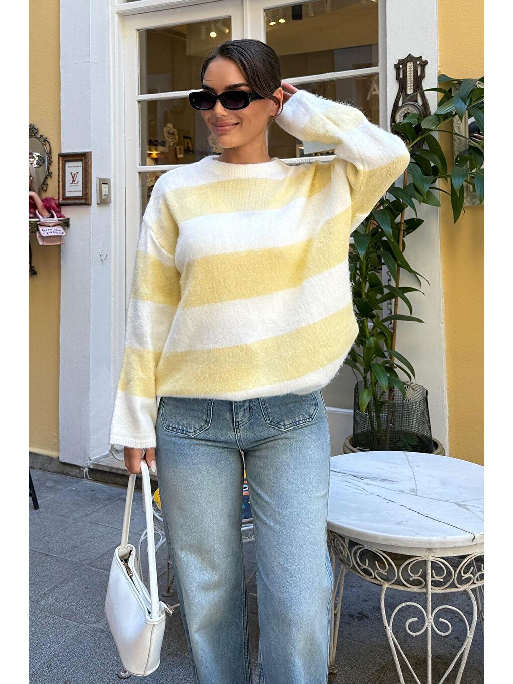 Sarı Bisiklet Yaka Çizgili Triko Kadın Kazak Mg2472-1