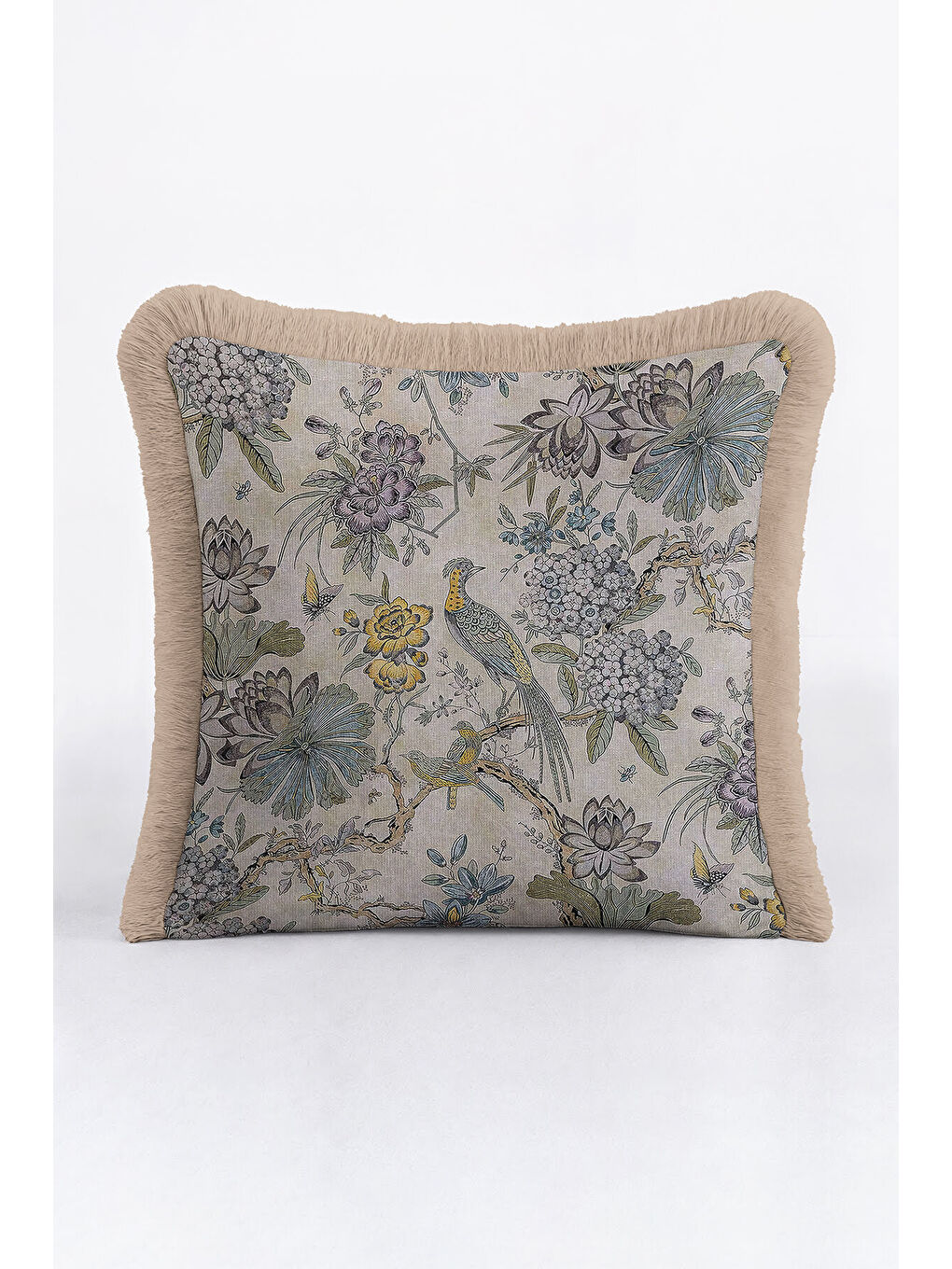 Karışık Zarif Kuş ve Çiçek Motifli Saçaklı Yastık Kılıfı - Klasik Bahçe Vintage Mavi Püsküllü Kırlent Kılıfı-1