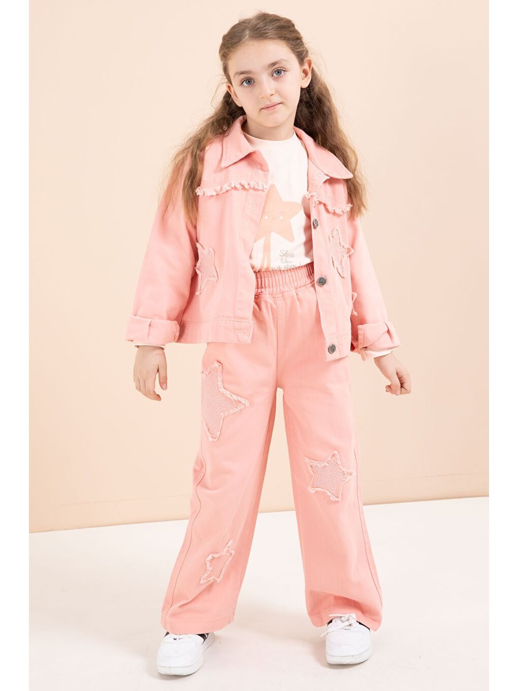 Pembe Somon Taşlı Yıldız Nakışlı Jean Ceketli 3lü Pantolonlu Kız Takım 23437-4