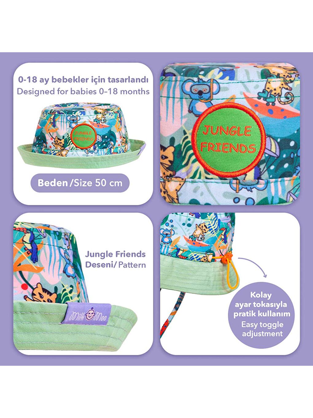 Yeşil Jungle Friends Ayarlanabilir Yazlık Bebek Şapkası 0-18 Ay-4