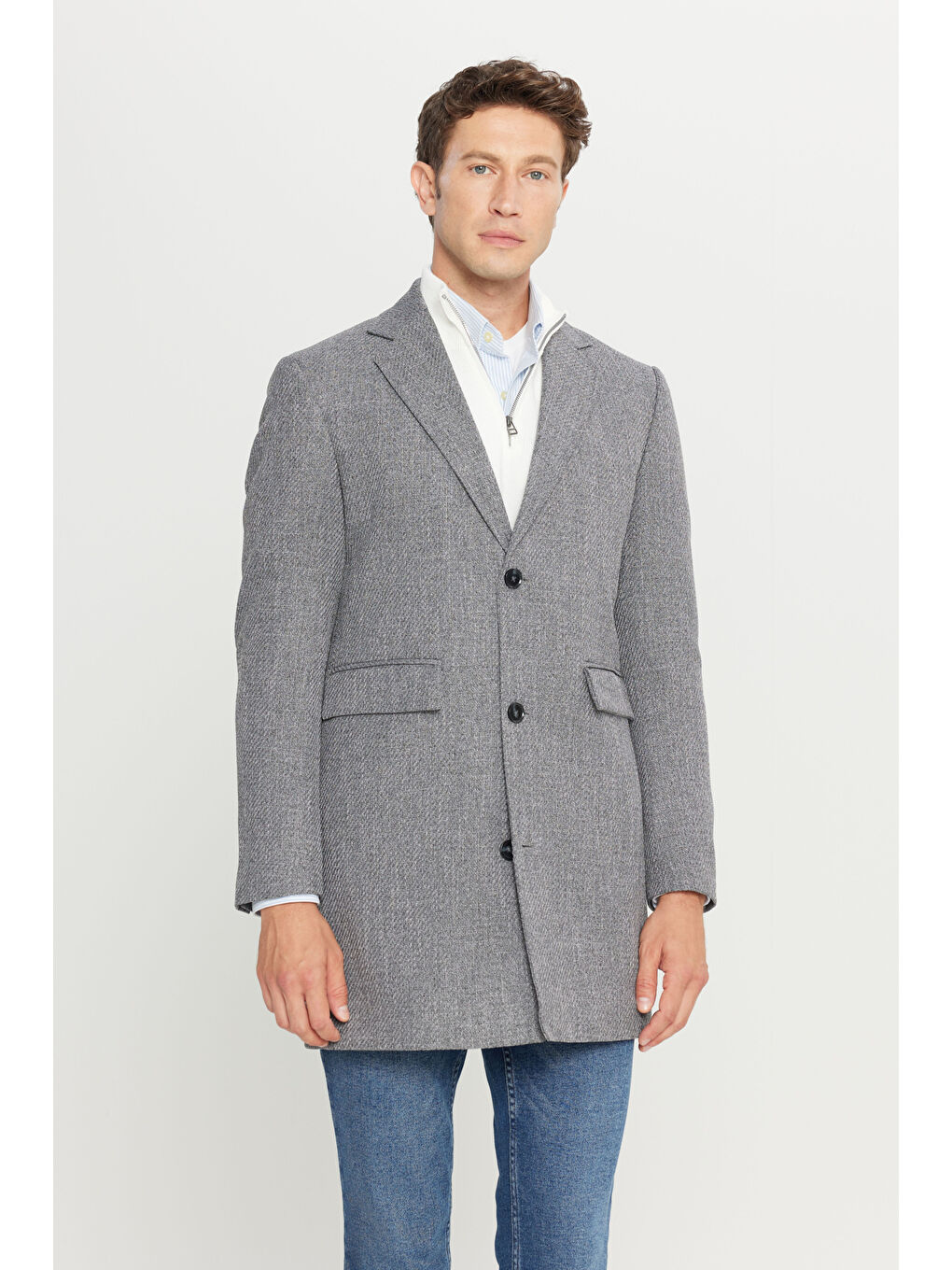 Erkek Antrasit Standart Fit Normal Kesim Mono Yaka Desenli Kapak Cepli Palto-2