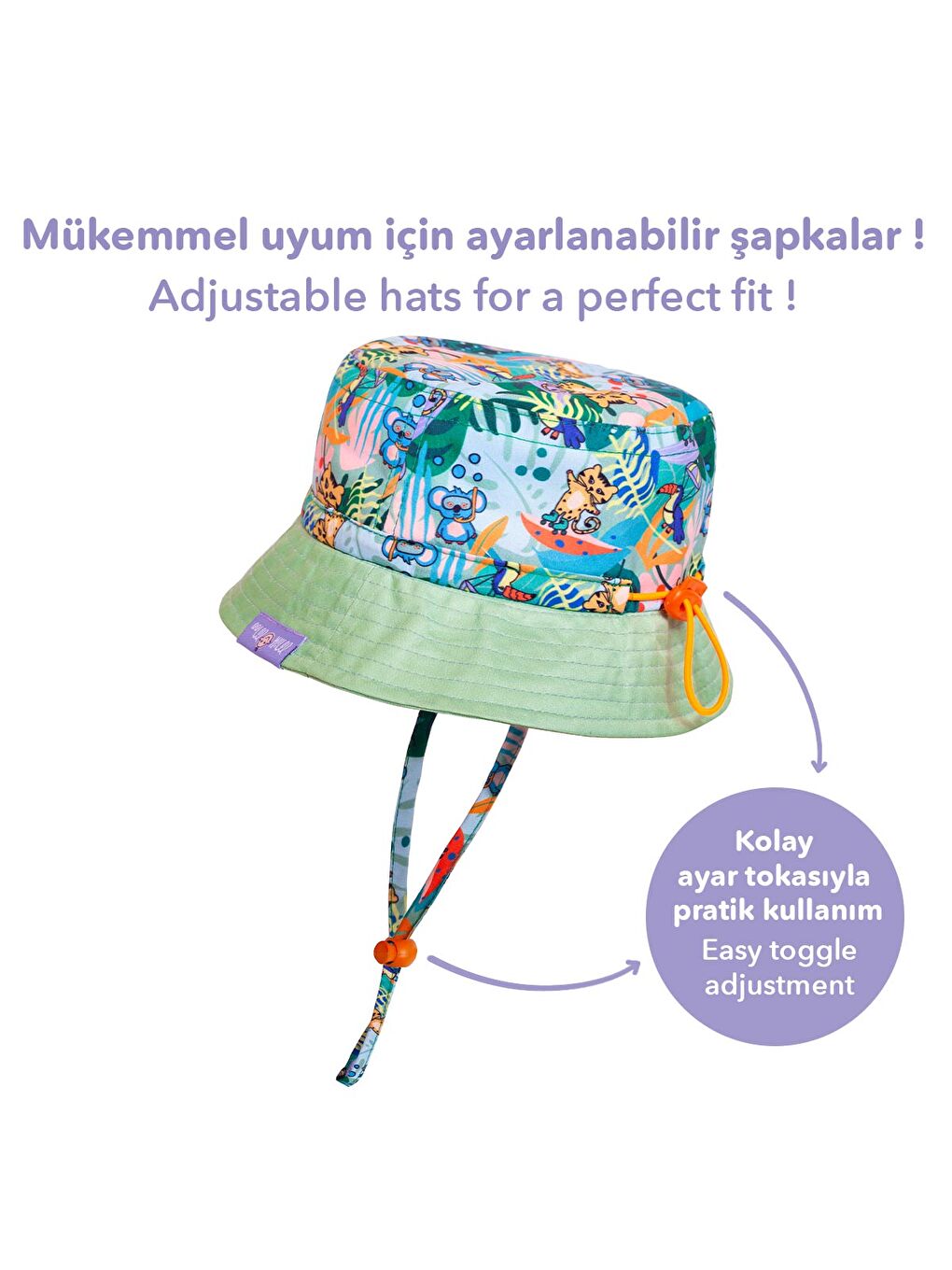 Yeşil Jungle Friends Ayarlanabilir Yazlık Bebek Şapkası 0-18 Ay-5