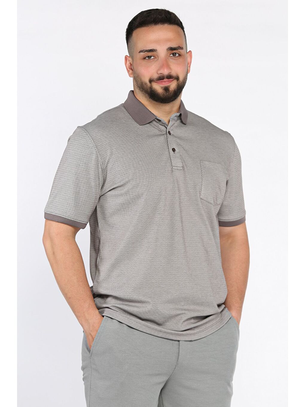 Bej Erkek Polo Yaka Tek Cepli Desenli Tişört