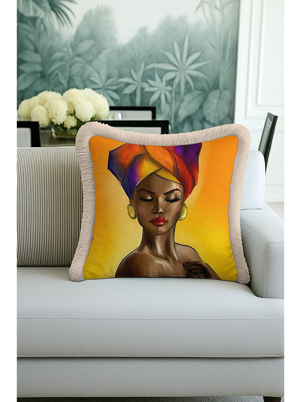 Karışık Afrika Portre Sanat Saçaklı Yastık Kılıfı - Etnik Bohem Sıcak Renkler Püsküllü Kırlent Kılıfı