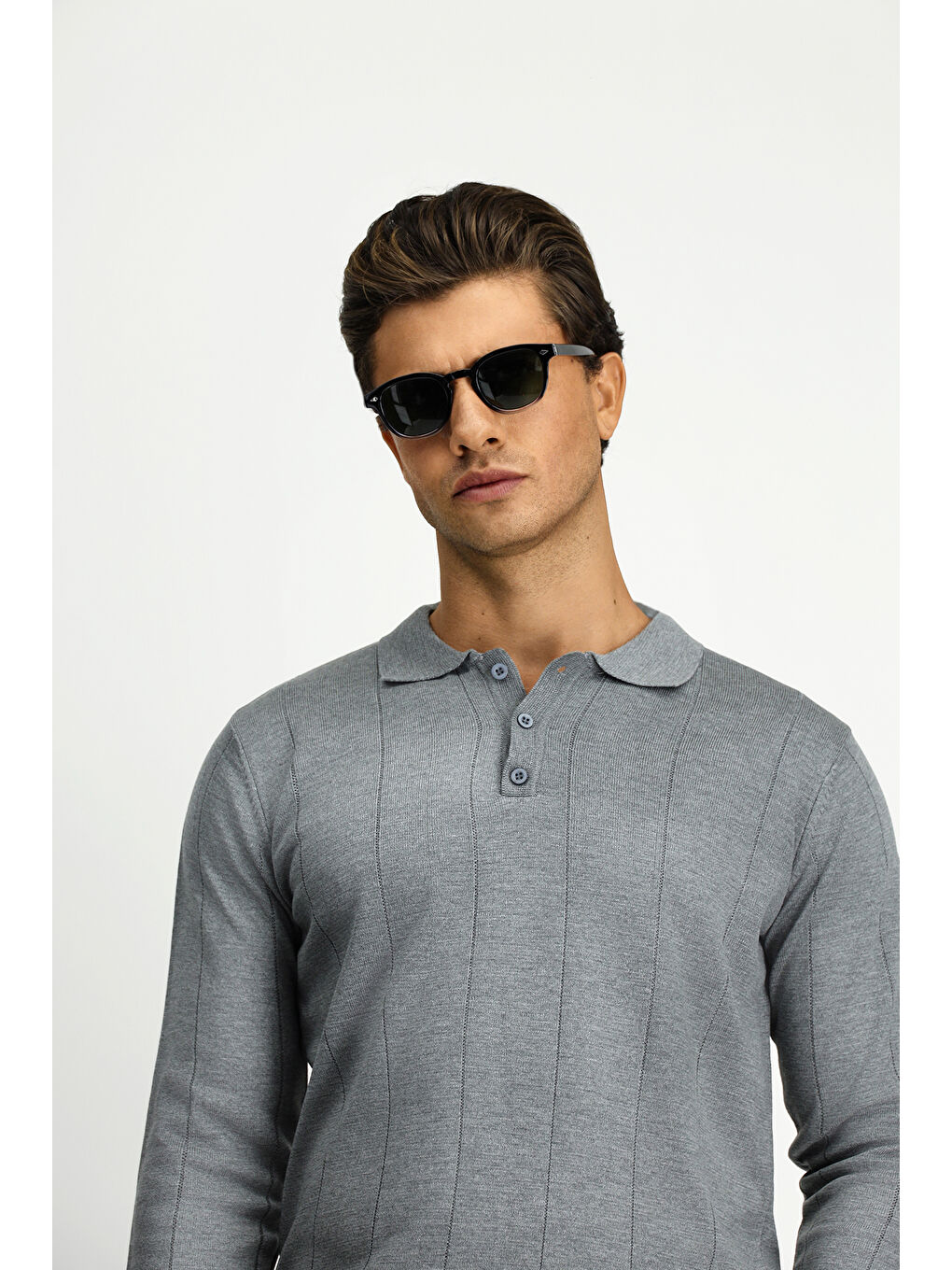 Gri Polo Yaka Regular Fit Desenli Triko Büyük Beden Kazak-3