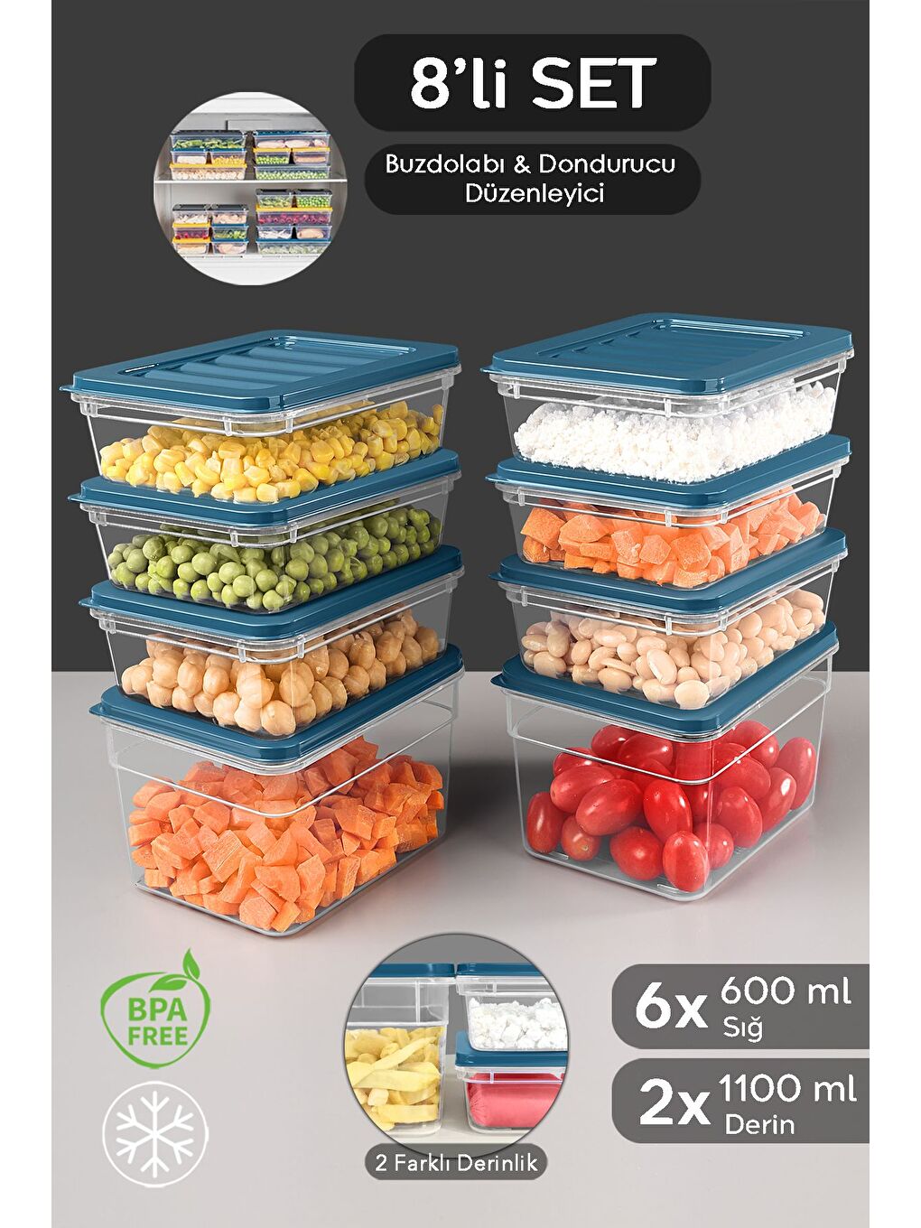 8li Mikrodalga Uyumlu Organizer Set Düzenleyici Gıda Erzak Saklama Kabı Derin ve Sığ S Mavi