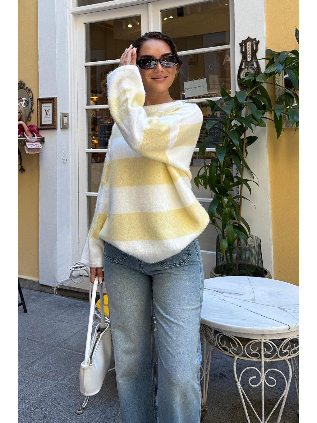 Sarı Bisiklet Yaka Çizgili Triko Kadın Kazak Mg2472-2