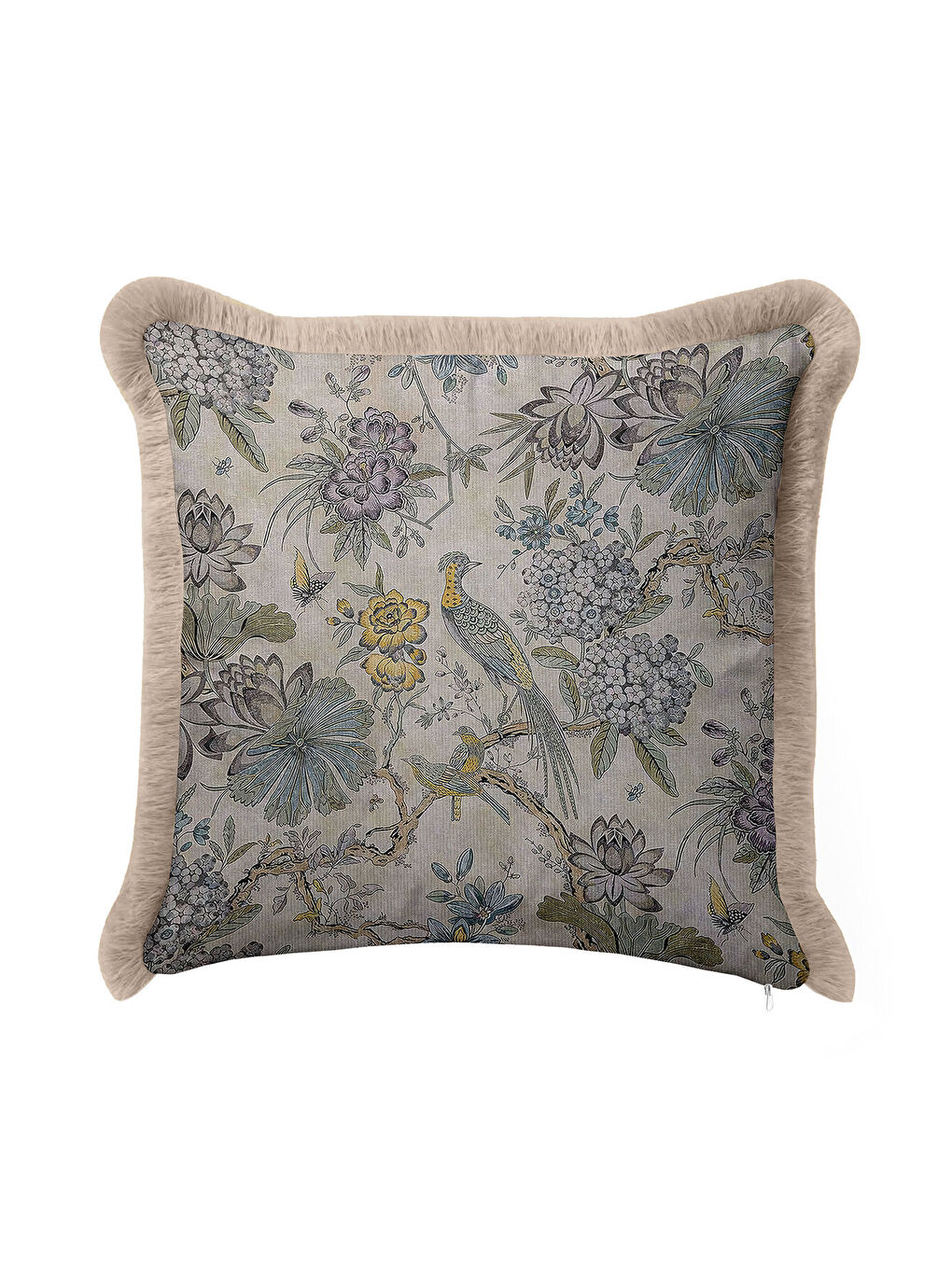 Karışık Zarif Kuş ve Çiçek Motifli Saçaklı Yastık Kılıfı - Klasik Bahçe Vintage Mavi Püsküllü Kırlent Kılıfı-2