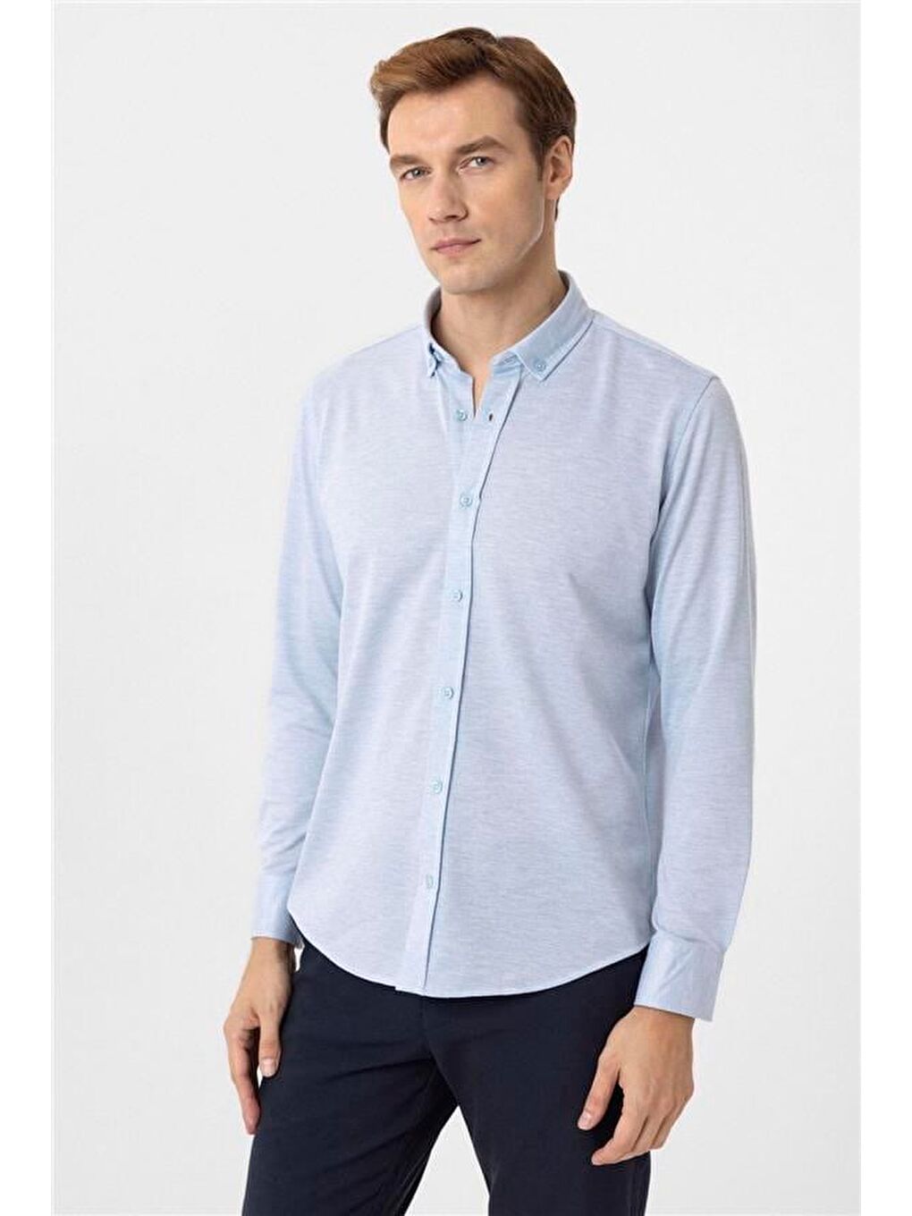 Saks Mavi Slim Armürlü Düğmeli Yaka Gömlek-1