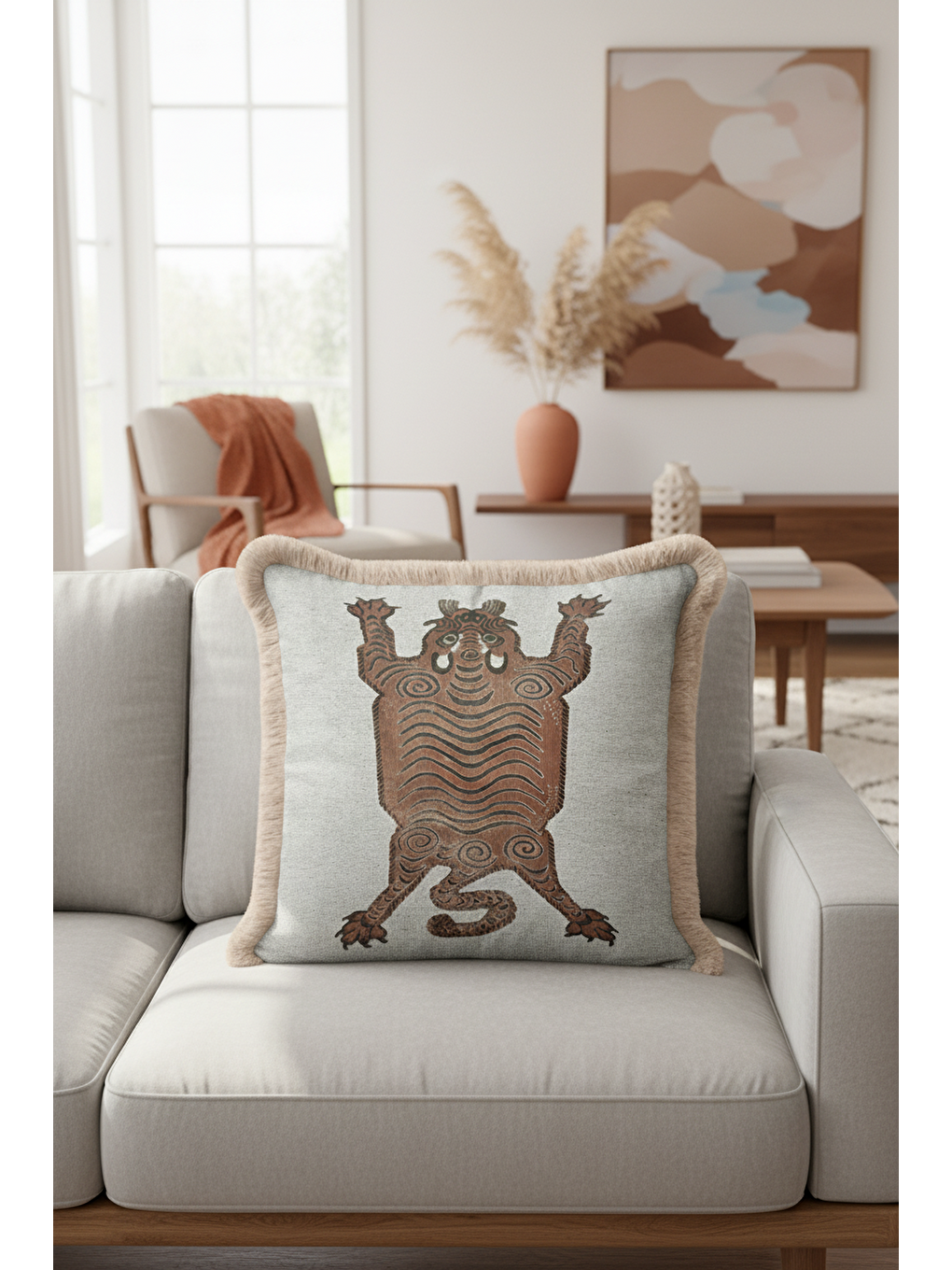 Karışık Sanat Esintili Saçaklı Yastık Kılıfı - Tribal Ruhlu Bohem Bej Kahverengi Püsküllü Kırlent Kılıfı