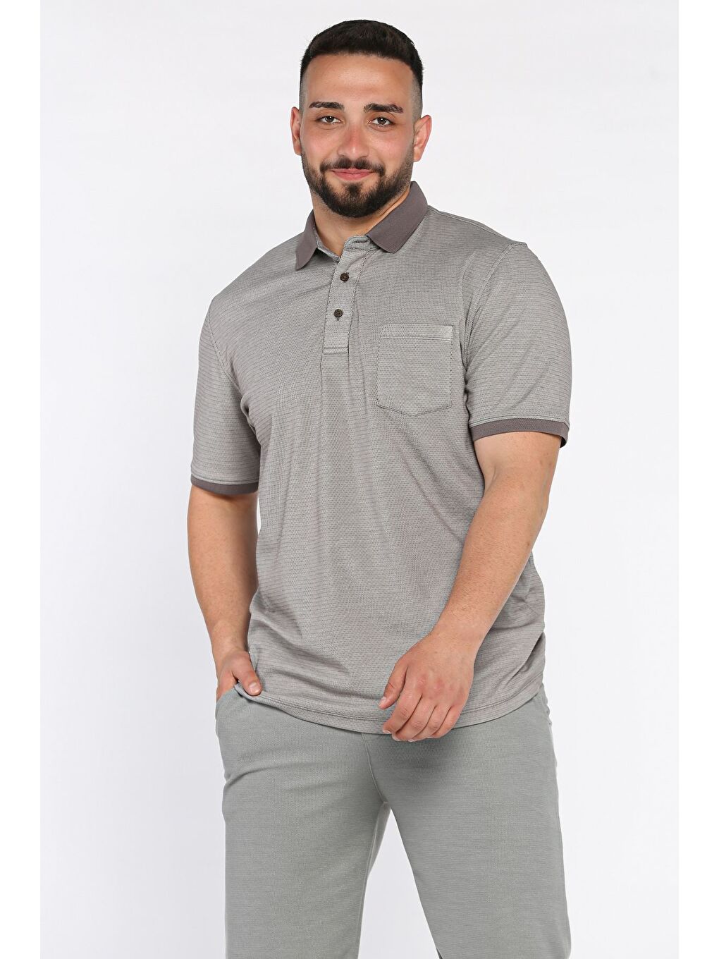 Bej Erkek Polo Yaka Tek Cepli Desenli Tişört-1