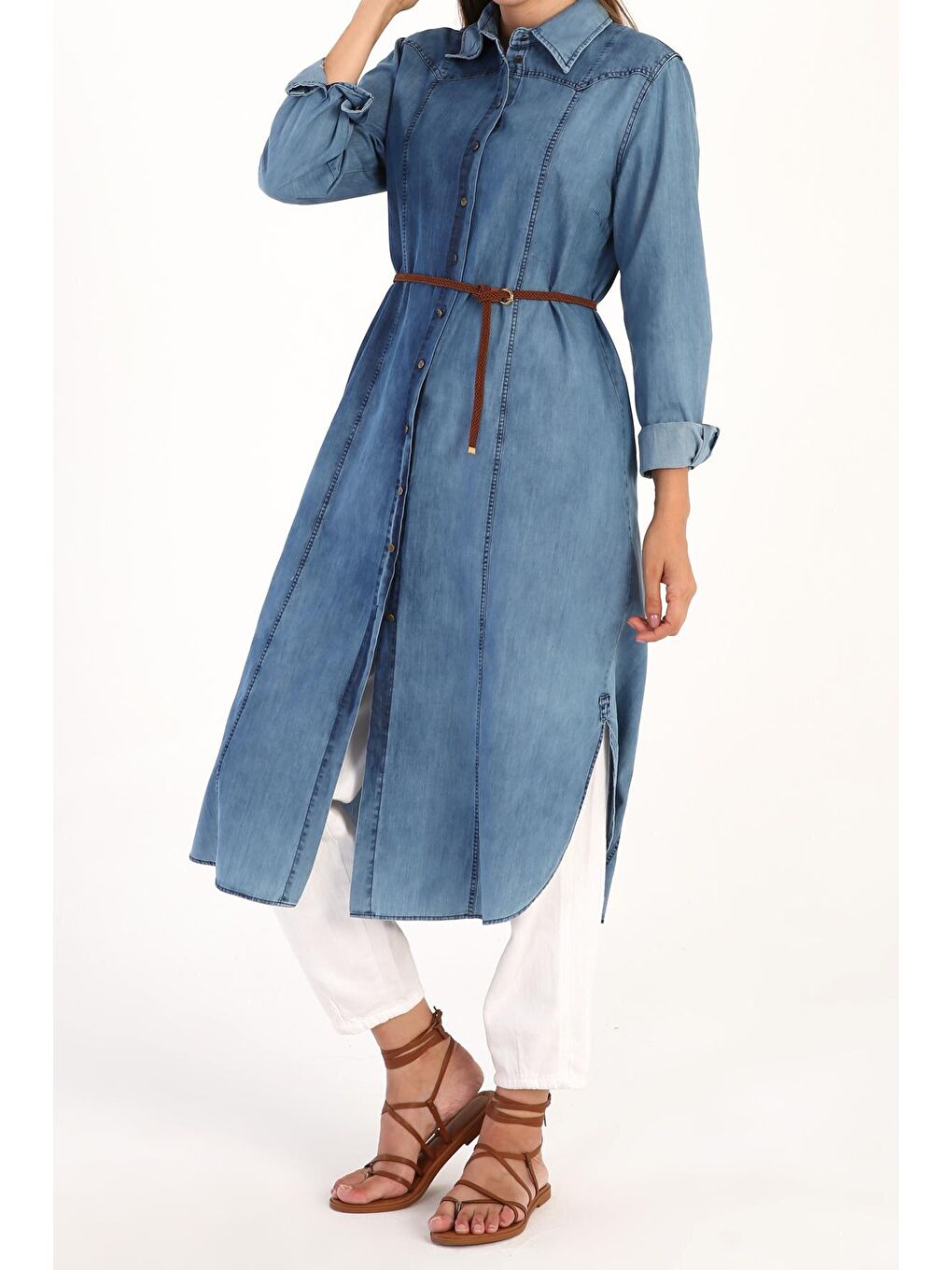 Açık Mavi Parçalı Denim Gömlek Tunik-1