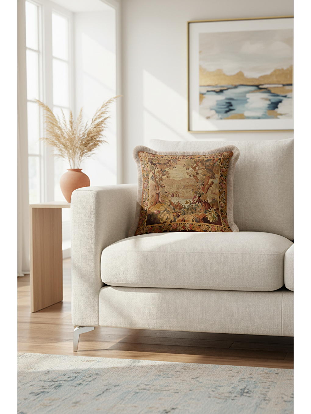 Karışık Klasik Fransız Goblen Manzara Saçaklı Yastık Kılıfı - Vintage Rustik Bej Püsküllü Kırlent Kılıfı-1