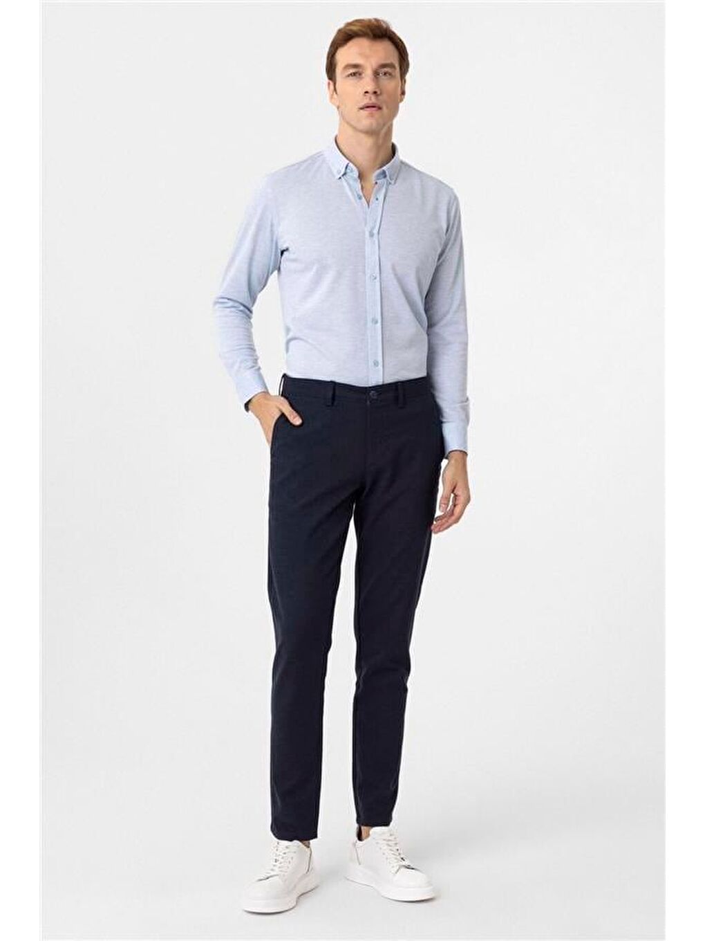 Saks Mavi Slim Armürlü Düğmeli Yaka Gömlek-2