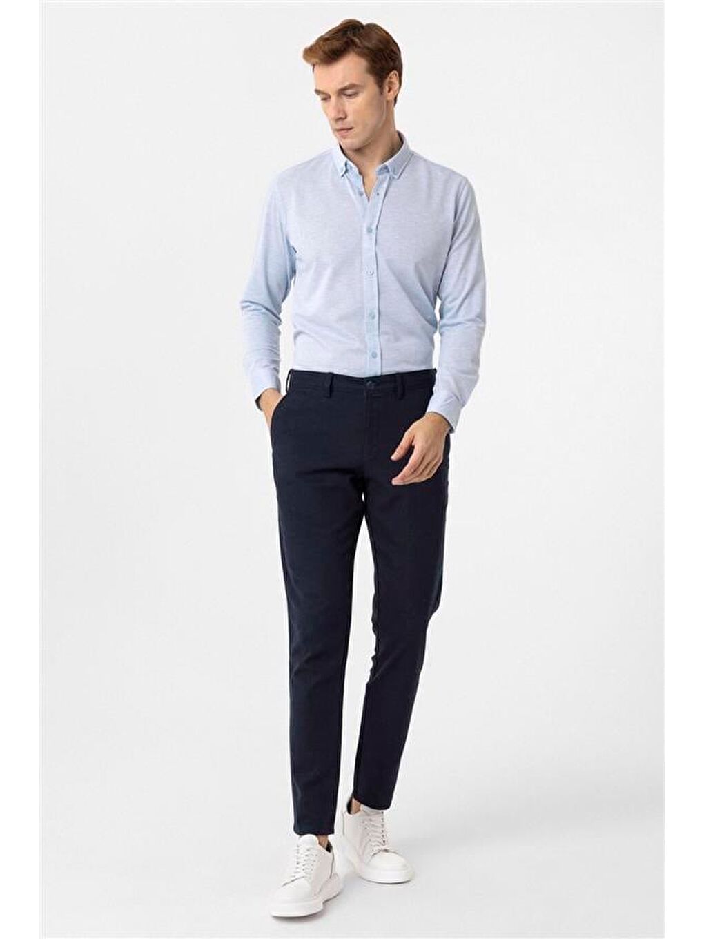 Saks Mavi Slim Armürlü Düğmeli Yaka Gömlek-3