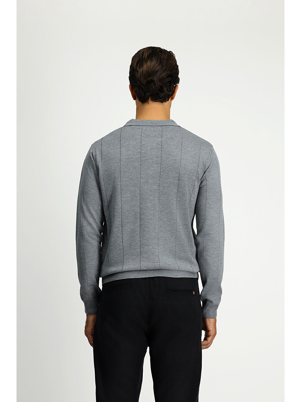 Gri Polo Yaka Regular Fit Desenli Triko Büyük Beden Kazak-4