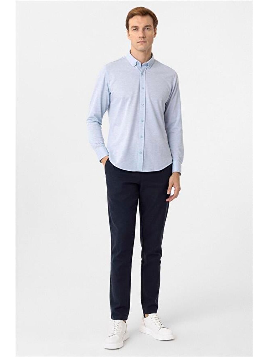 Saks Mavi Slim Armürlü Düğmeli Yaka Gömlek-4