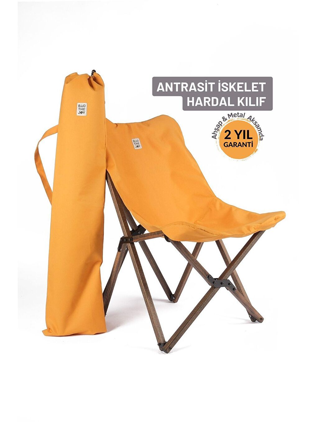 Bag The Joy Hardal Sarı Antrasit İskelet – Hardal Kılıf Ahşap Katlanır Kamp & Bahçe Sandalyesi