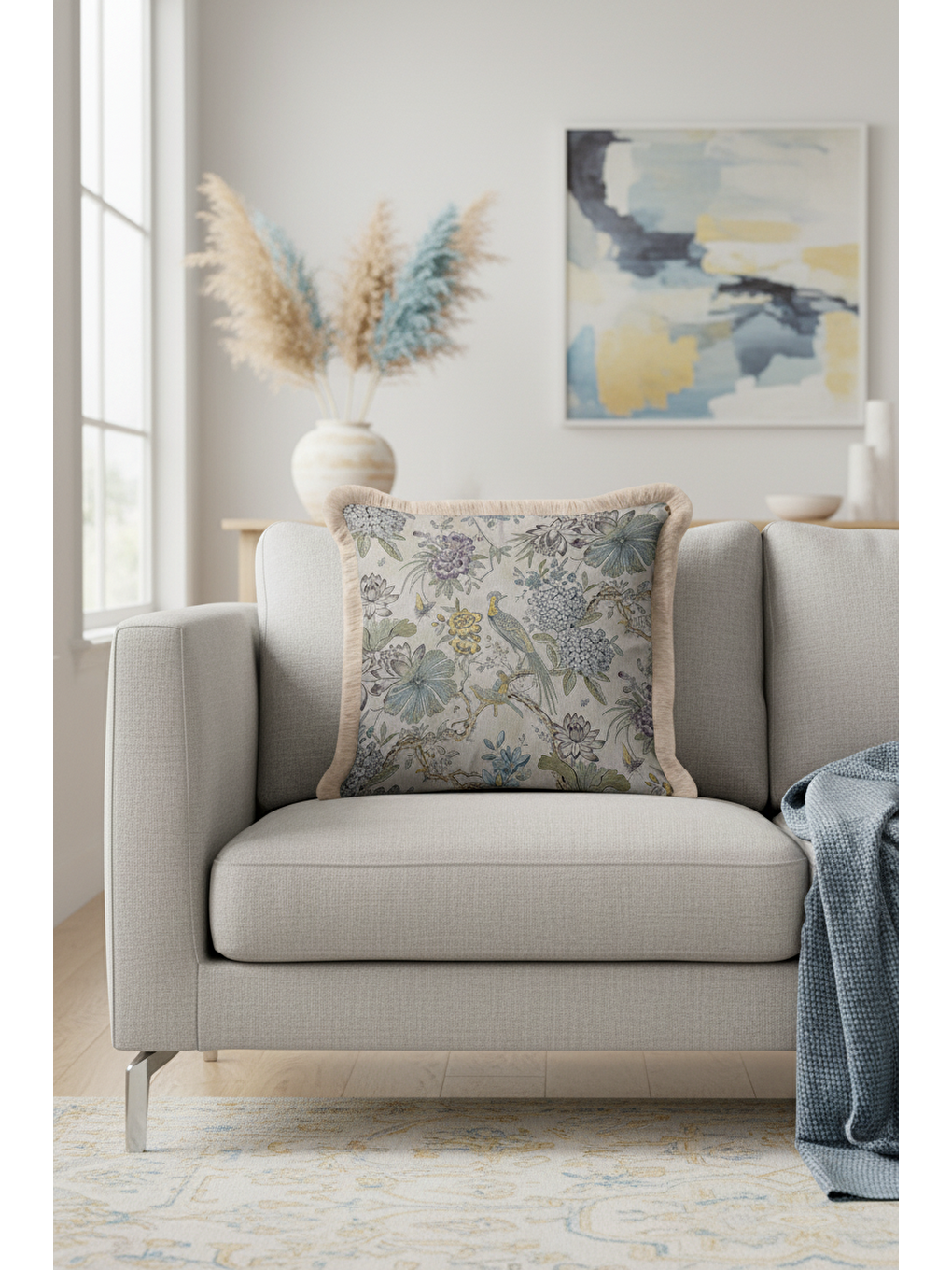 Karışık Zarif Kuş ve Çiçek Motifli Saçaklı Yastık Kılıfı - Klasik Bahçe Vintage Mavi Püsküllü Kırlent Kılıfı-3