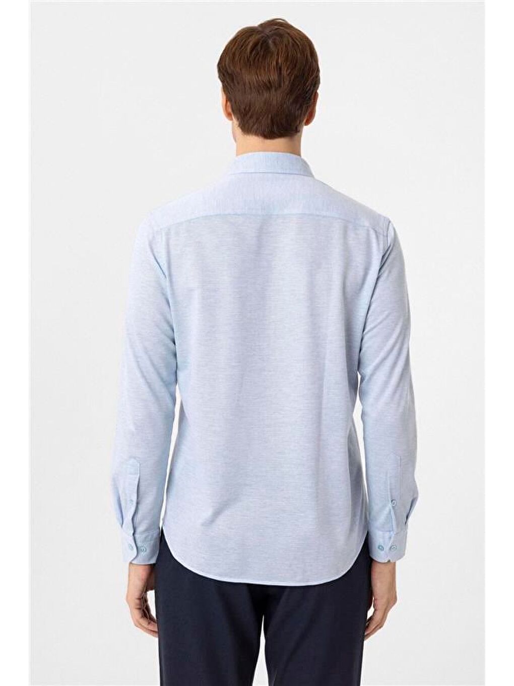 Saks Mavi Slim Armürlü Düğmeli Yaka Gömlek-5