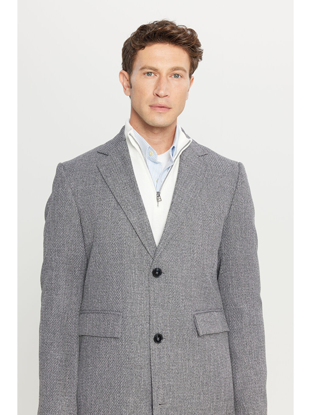 Erkek Antrasit Standart Fit Normal Kesim Mono Yaka Desenli Kapak Cepli Palto-3