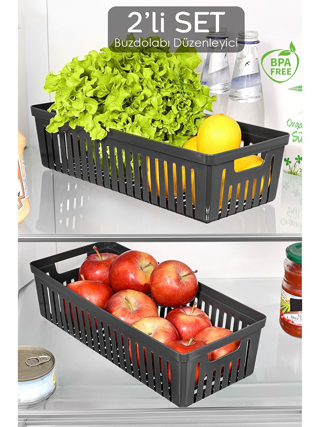 2 Adet Buzdolabı Düzenleyici Sepet Dolap İçi Meyve Sebze Düzenleyici Organizer Saklama Kabı Siyah