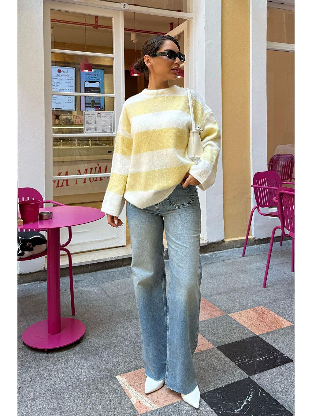 Sarı Bisiklet Yaka Çizgili Triko Kadın Kazak Mg2472-4