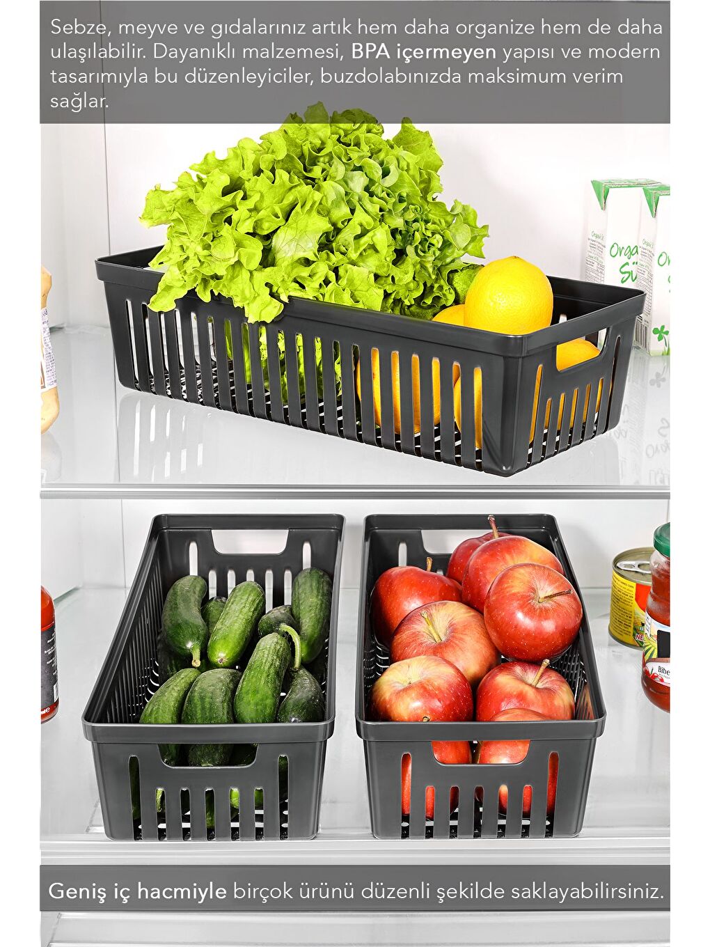 2 Adet Buzdolabı Düzenleyici Sepet Dolap İçi Meyve Sebze Düzenleyici Organizer Saklama Kabı Siyah-3