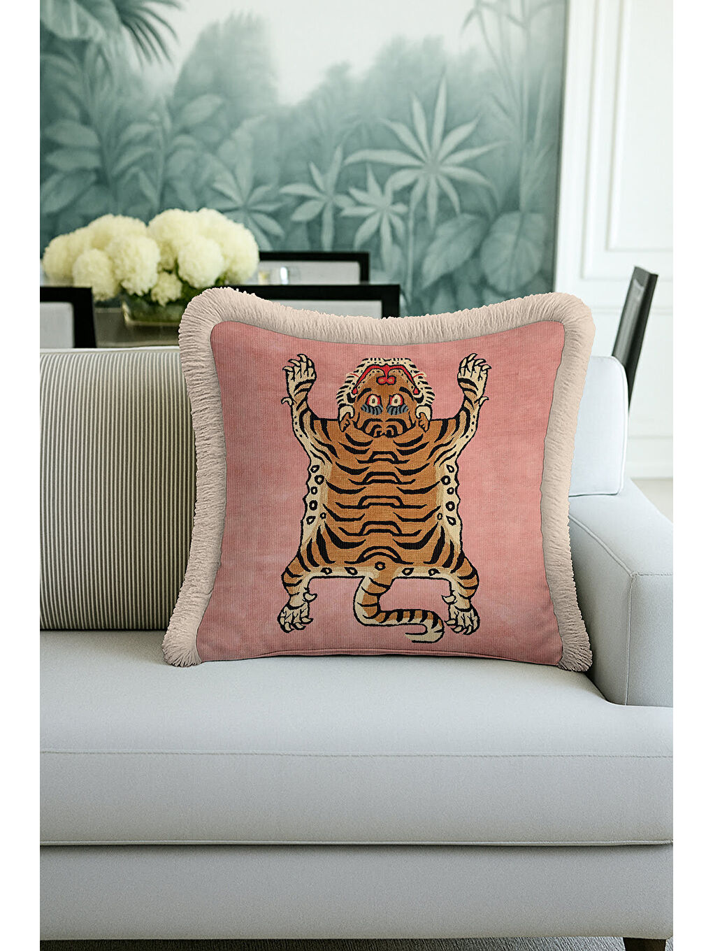 Karışık Lüks Kaplan Figürlü Saçaklı Yastık Kılıfı - Asya Esintili Bohem Pudra Gold Püsküllü Kırlent Kılıfı-1