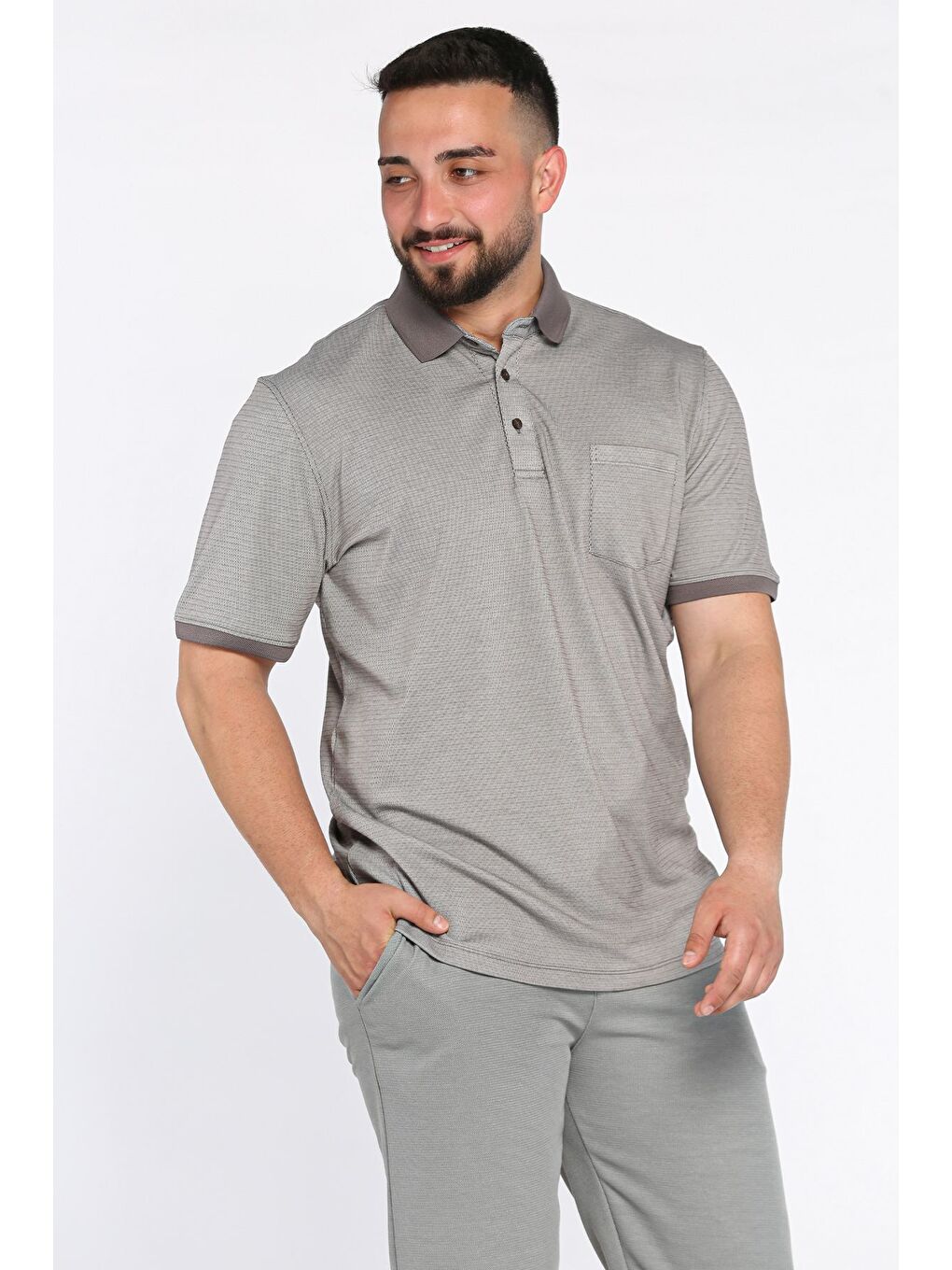 Bej Erkek Polo Yaka Tek Cepli Desenli Tişört-2