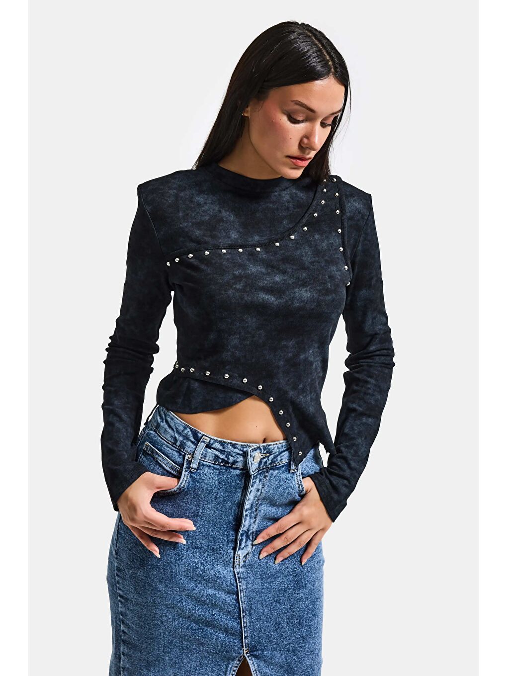 Kadın Siyah Antrasit w5 Asimetrik Kesim Drop Detaylı Özel Tasarım Crop Top